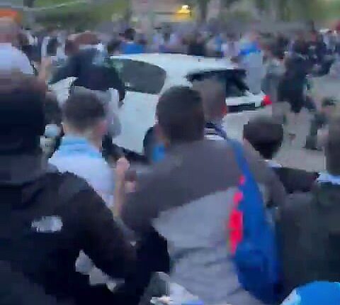 Horrifying footage captured the moment a car ploughed into footballs fans outside a stadium in Barcelona