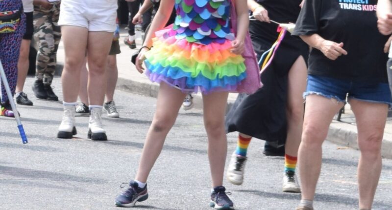 someone wearing a pride skirt