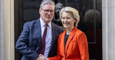 The Prime Minister is today set to sign an agreement at what has been dubbed his ¿Surrender Summit¿ that will mean Britain must once more follow EU laws and abide by its judges¿ rulings. Pictured: Keir Starmer with Ursula von der Leyen, President of the European Commission