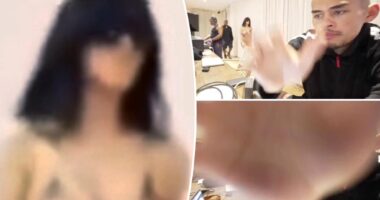Streamer frantically covers camera as Kanye's wife Bianca Censori struts by in sheer bodysuit