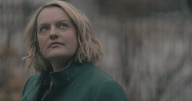 Elisabeth Moss with mid-length blonde hair and a green coat in The Handmaid's Tale season 6 finale
