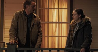 Joel (Pedro Pascal) and Ellie (Bella Ramsey) have a heart to heart on the porch in The Last of Us season 2