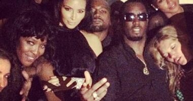 Naomi Campbell, Kim Kardashian, Kanye West, Sean 'Diddy' Combs, Cassie and Kate Moss pictured in 2014 in Ibiza, Spain