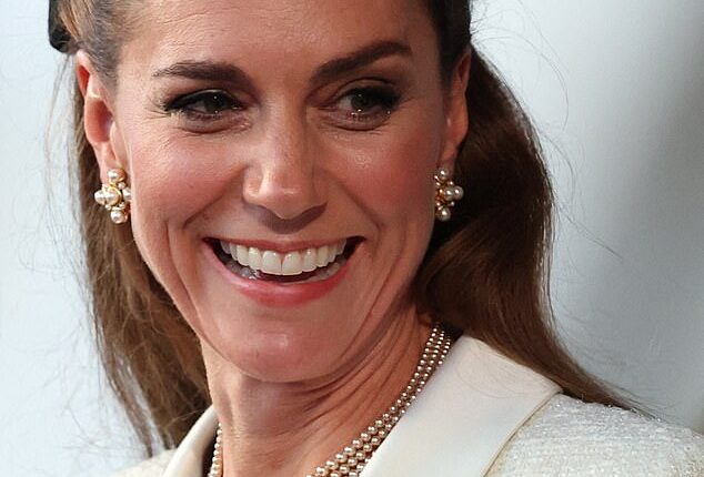 The Princess of Wales (pictured) made a touching tribute with her jewellery of choice as she joined Prince William , King Charles and Queen Camilla at a concert commemorating VE Day on Thursday evening