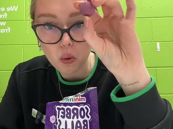 Woolworths staffer Emily from the Keperra store in Queensland taste tested the repeatedly sold-out grape bubbleme Sorbet Balls