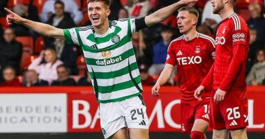 Johnny Kenny celebrates scoring the fourth goal in a 5-1 hammering of Aberdeen at Pittodrie