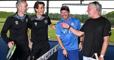 Me and my mate, John, against Thomas Frank and his highly rated assistant coach Kevin O’Connor, who is a youthful 43 and has more than 500 appearances for the Bees in his locker