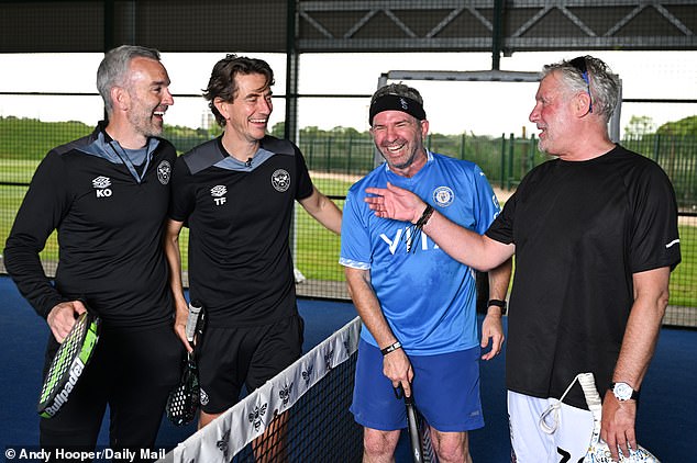 Me and my mate, John, against Thomas Frank and his highly rated assistant coach Kevin O’Connor, who is a youthful 43 and has more than 500 appearances for the Bees in his locker