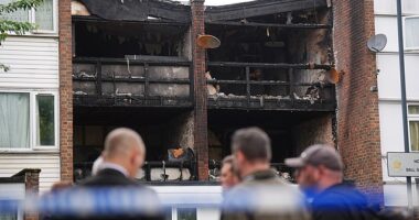 Three children aged four, eight and 15 and 43-year-old woman are killed in house fire as police arrest man