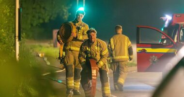 Firefighters are pictured on the scene of a blaze at a former RAF base in Bicester last night