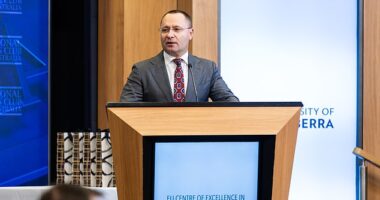 Ukraine's ambassador to Australia Vasyl Myroshnychenko is pictured at the University of Canberra event on Monday night where he insisted democracy hung in the balance in his home country's war with Russia