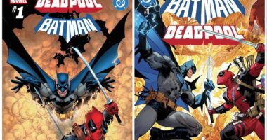 The two covers for Marvel and DC's Deadpool/Batman crossover.