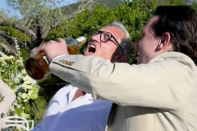 Gary Lineker raucously swigged booze from a bottle as he reunited with brother Wayne at a family wedding amid their 17-year feud