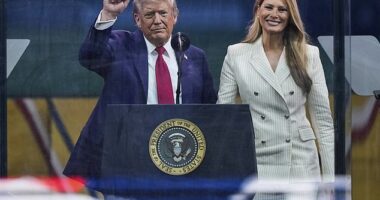 President Donald Trump (left) and first lady Melania Trump (right) attended Saturday's 250th anniversary parade for the U.S. Army, which coincides with the president's 79th birthday