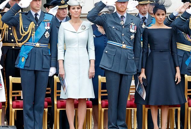 The brothers and their partners are pictured in July 2018 attending a ceremony to mark the centenary of the Royal Air Force on the forecourt of Buckingham Palace