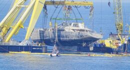 The doomed superyacht Bayesian was today finally fully out of the water for the first time since she sank with the loss of seven lives in a torrential storm