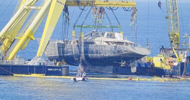 The doomed superyacht Bayesian was today finally fully out of the water for the first time since she sank with the loss of seven lives in a torrential storm