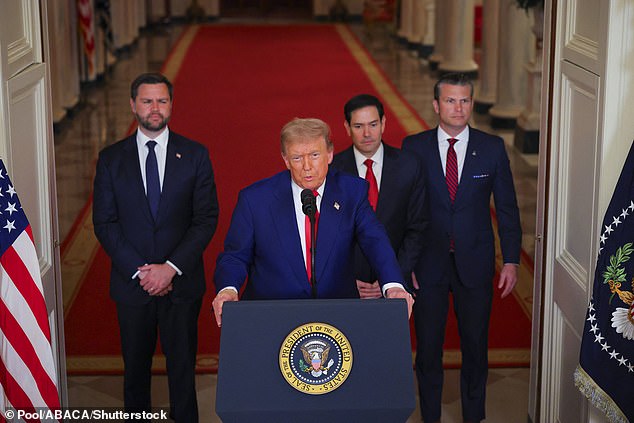 President Donald Trump (center left) gave brief remarks about the U.S.'s strikes in Iran alongside (from left) Vice President J.D. Vance, Secretary of State Marco Rubio and Defense Secretary Pete Hegseth
