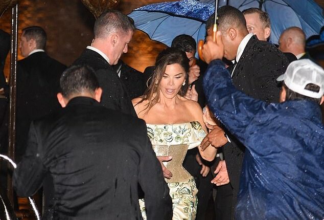 Lauren Sanchez and Jeff Bezos' A-list guests like Kim Kardashian and Kylie Jenner were forced to take cover on Thursday as the couple's pre-wedding party was hit by a huge freak thunderstorm