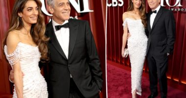 Amal Clooney piles on pearls with George on Tony Awards 2025 red carpet