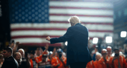 Trump dancing with American flag in the background