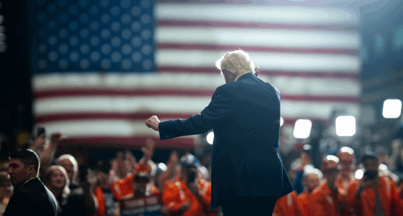 Trump dancing with American flag in the background