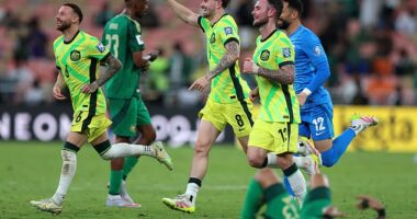 Pictured left to right: Socceroos stars Martin Boyle, Connor Metcalfe and Aiden O'Neill begin to celebrate the 2-1 win over Saudi Arabia in Jeddah