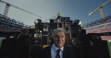 Barcelona will return to the Nou Camp ahead of the 2025-26 campaign - but the renovated ground will only be partially opened. Pictured: Barca president Joan Laporte