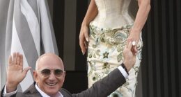 Here comes the bride! The soon-to-be Mrs. Bezos looked beautiful as she stepped into a water taxi with future husband Jeff on Thursday evening to head to the latest festivities. She wore a curve-hugging, champagne-colored strapless dress from Schiaparelli's Spring 2025 couture line with blue, green and gold embroidery all over it. She matched the dress with a pair of dark-champagne colored pumps, and kept things minimal with classic stud earrings