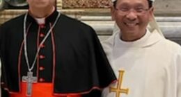 Bishop Michael Pham (right) of the Diocese of San Diego poses for a photo with then Cardinal Robert Francis Prevost before he became Pope Leo. The pontiff elevated Pham to the position of bishop in May