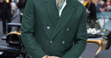 Brad Pitt looked dapper as he stepped out in a dark green suit for the European premiere of F1: The Movie in London on Monday