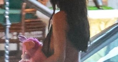 Bianca Censori, 30, toted a stuffed animal at the Château Marmont hotel in LA on Monday