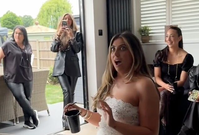 Bride Talia was left red-faced after her bridesmaids surprised her with messages of well wishes from her exes at her hen do