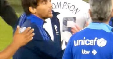 Louis Tomlinson has been caught on camera brutally snubbing love rival Sam Thompson after the full-time whistle blew at Soccer Aid