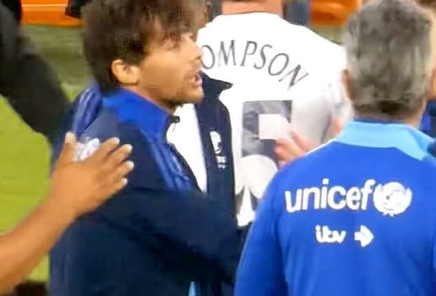 Louis Tomlinson has been caught on camera brutally snubbing love rival Sam Thompson after the full-time whistle blew at Soccer Aid