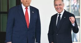 Canada has retaliated against the United States for shutting down trade talks by hiking duties on American steel imports to 50 percent if they exceed a certain quota (Pictured: President Donald Trump and Canadian Prime Minister Mark Carney at the White House on May 6, 2025)