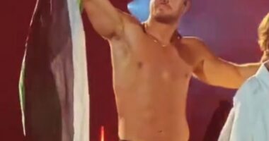 Imagine Dragons is facing backlash after frontman Dan Reynolds (pictured) waved a Palestinian flag on stage during a recent concert in Milan