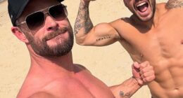 Chris Hemsworth (pictured) is making the most of the European summer, sharing a series of candid snaps from a beachside escape in Hossegor, France alongside Luke Zocchi (left)