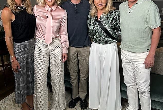 Todd and Julie Chrisley are looking back on the life-changing pardons that freed them from from federal prisons last month in an upcoming interview with Lara Trump for Fox News; (L¿R) Lara Trump, Savannah, Grayson, Julie and Todd Chrisley film their upcoming interview