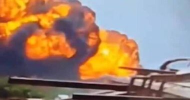 The plane momentarily disappeared from view behind trees and buildings before a massive fireball erupted on the horizon in this horrifying clip