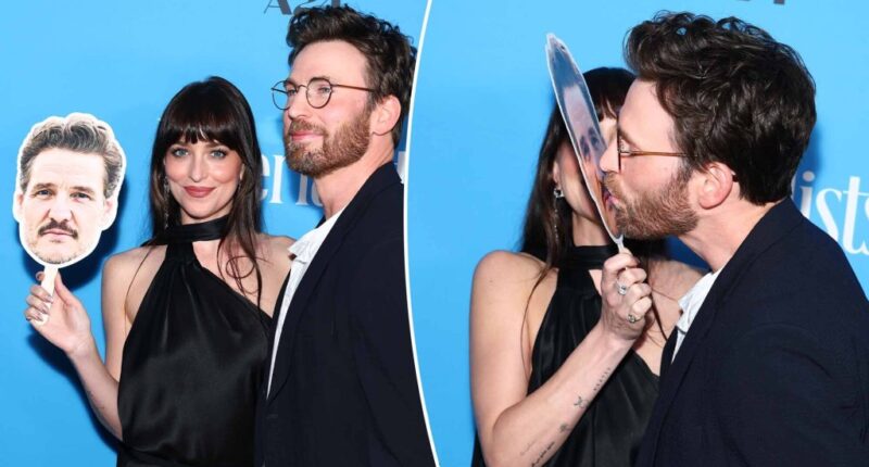 Dakota Johnson and Chris Evans bring cardboard cutout of costar Pedro Pascal to 'Materialists' Premiere