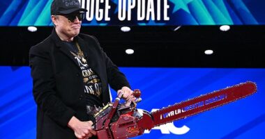Elon Musk holds a chainsaw reading 'long live freedom, damn it!' at the Conservative Political Action Conference in February