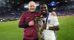 Jonathan Rowe poses with the UEFA Under-21 Championship with head coach Lee Carsley