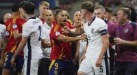 Spain's Mateo Joeph can be seen venting at England's Charlie Cresswell as tempers flare