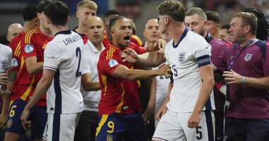 Spain's Mateo Joeph can be seen venting at England's Charlie Cresswell as tempers flare