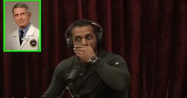 FBI director Kash Patel is pictured on the Joe Rogan Experience. He claims the FBI has 'found' one of Dr Anthony Fauci's Covid-era phones