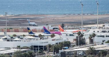 A flight from the UK to the Canary Islands was forced to make an emergency landing after a bomb threat was discovered on board. Pictured: Cesar Manrique airport