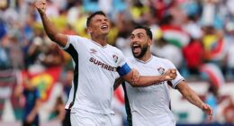 Thiago Silva (left) and Juan Freytes pictured celebrating after Fluminense beat Inter Milan 2-0
