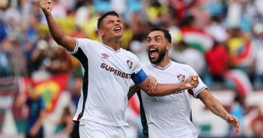 Thiago Silva (left) and Juan Freytes pictured celebrating after Fluminense beat Inter Milan 2-0