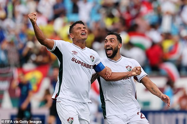 Thiago Silva (left) and Juan Freytes pictured celebrating after Fluminense beat Inter Milan 2-0